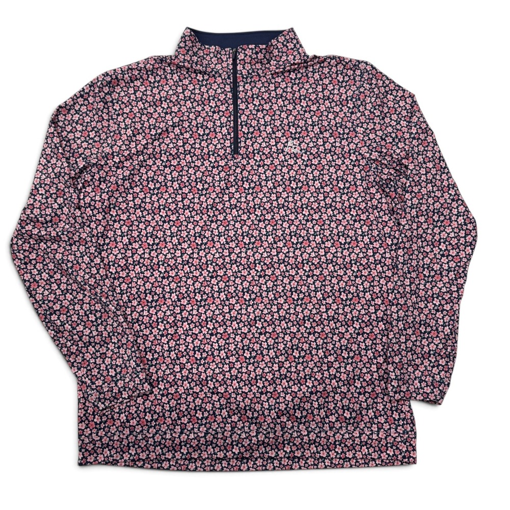 Rhoback 1/4 Zip Mens XL Pullover Azalea Pink Navy Floral Cherry Blossom